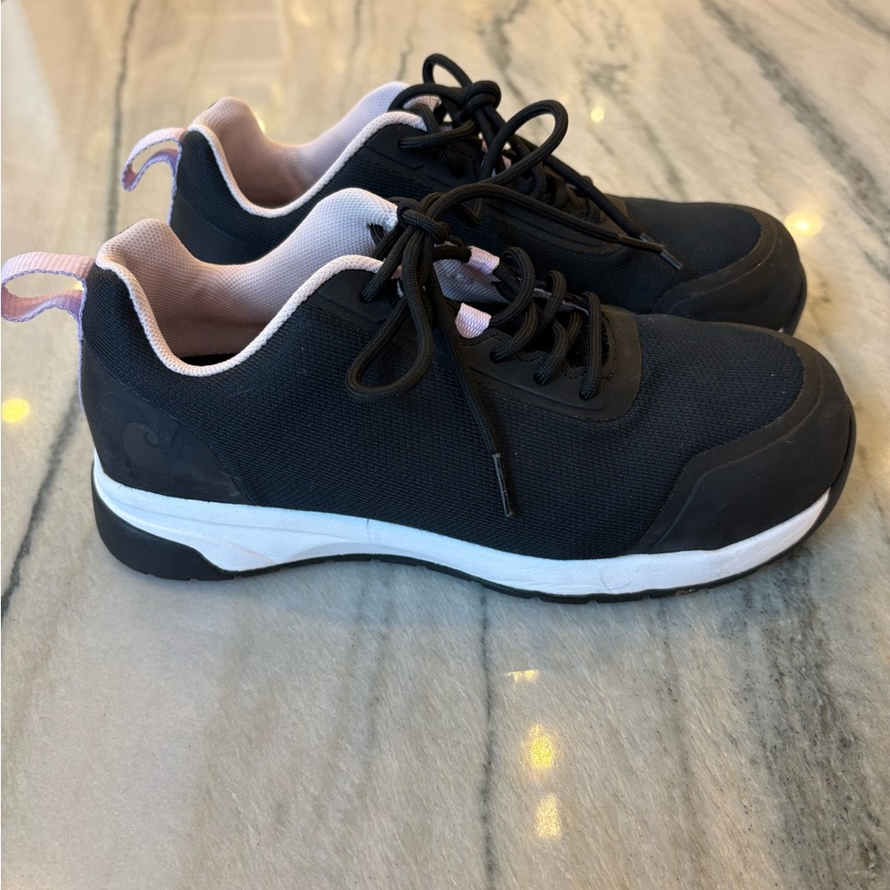 Black and Pink Steel Toe Sneakers. Great for factory or farm work!